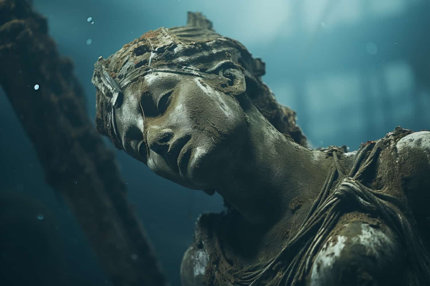 Estatua de latón antigua sumergida bajo el mar